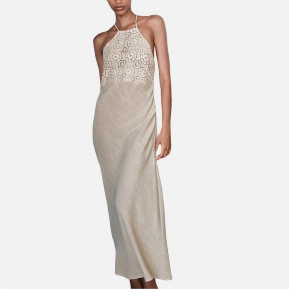 Zara Beige Lace crochet Halter Maxi/midi Dress